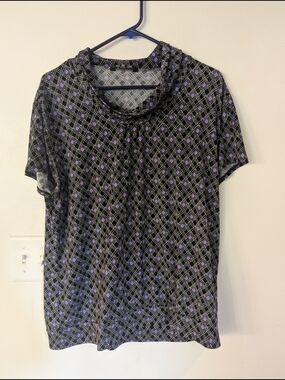 George Black Short-Sleeve Blouse with Purple Geometric Print